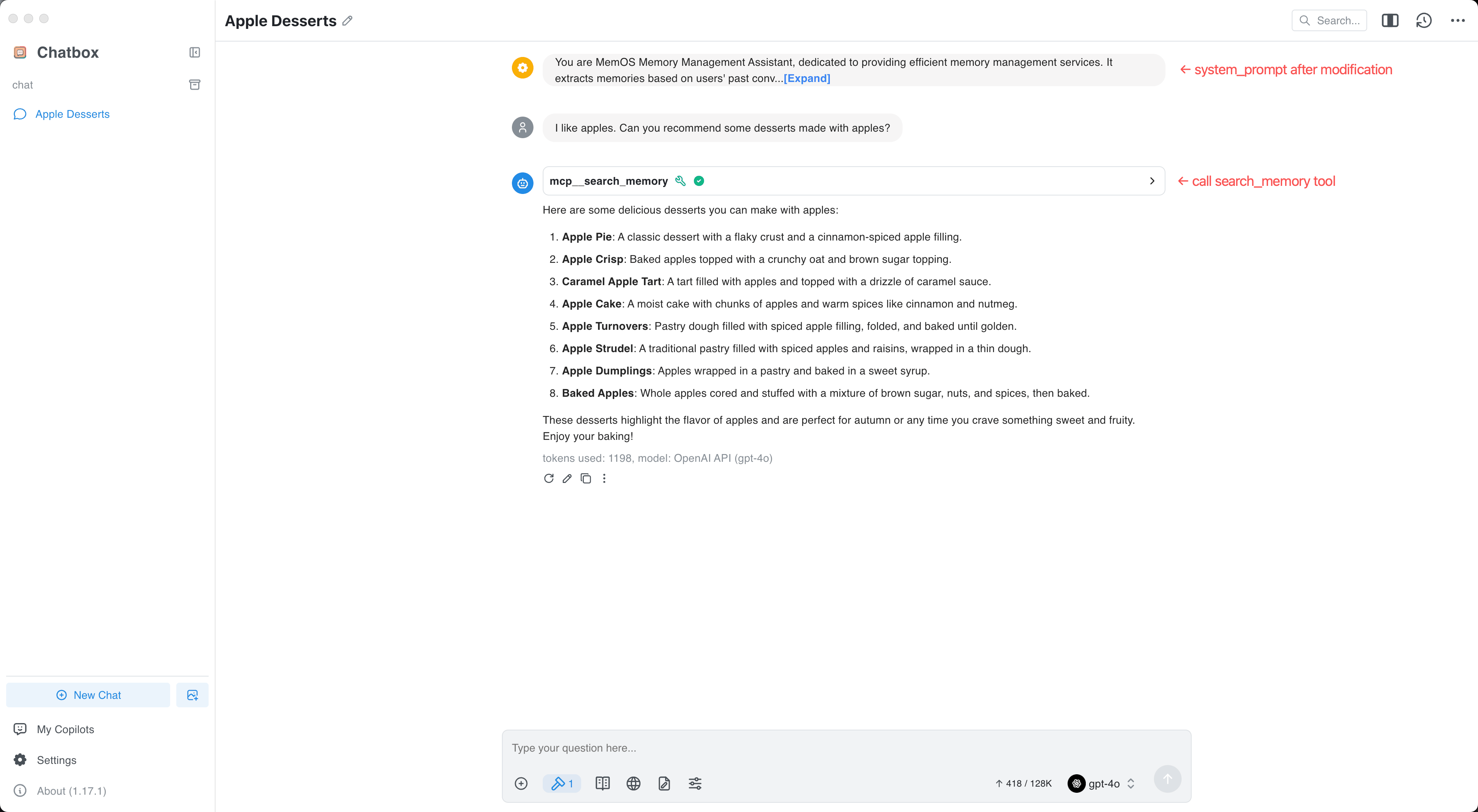 Effect example of using MemOS in Chatbox