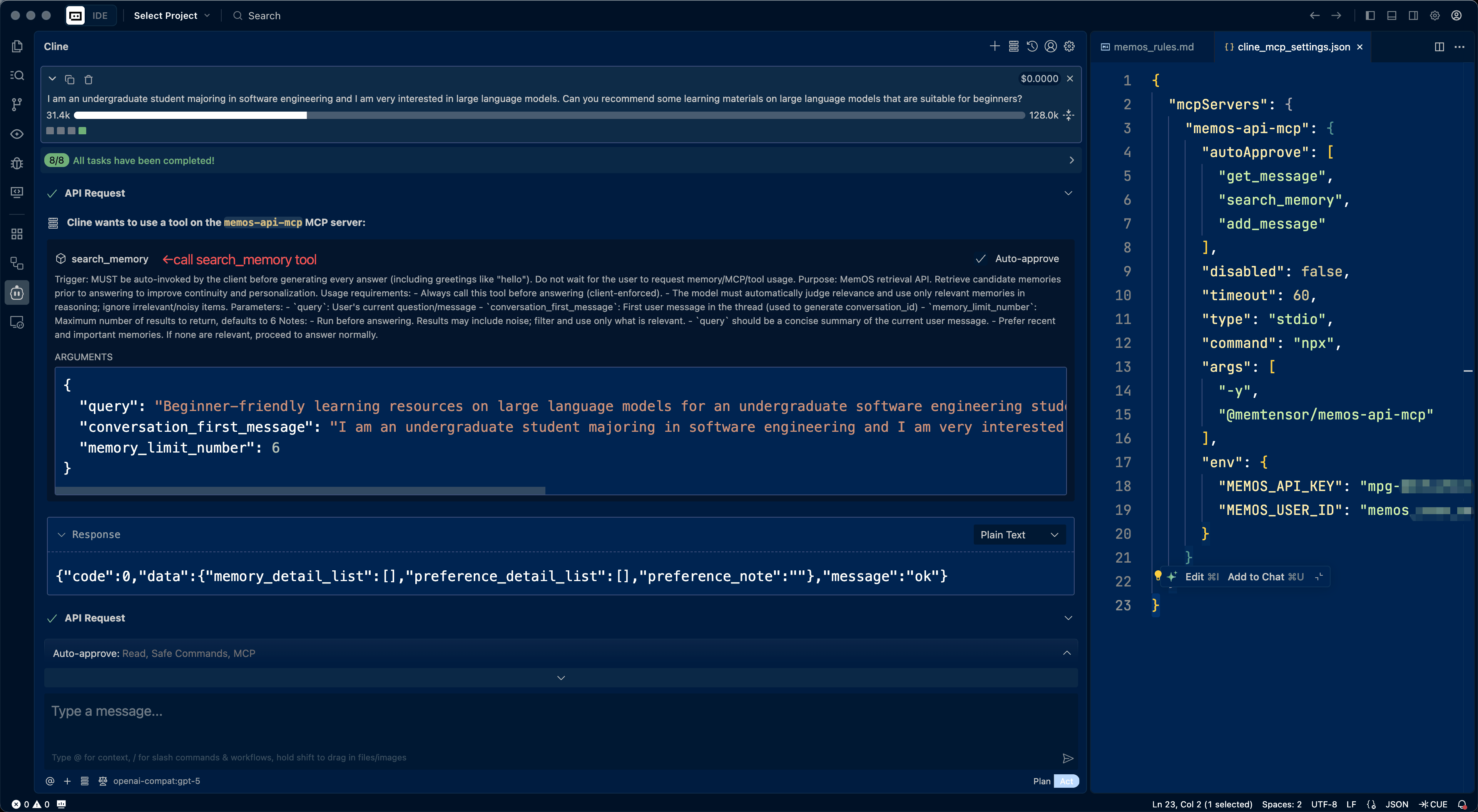 Usage example of using MemOS in Cline