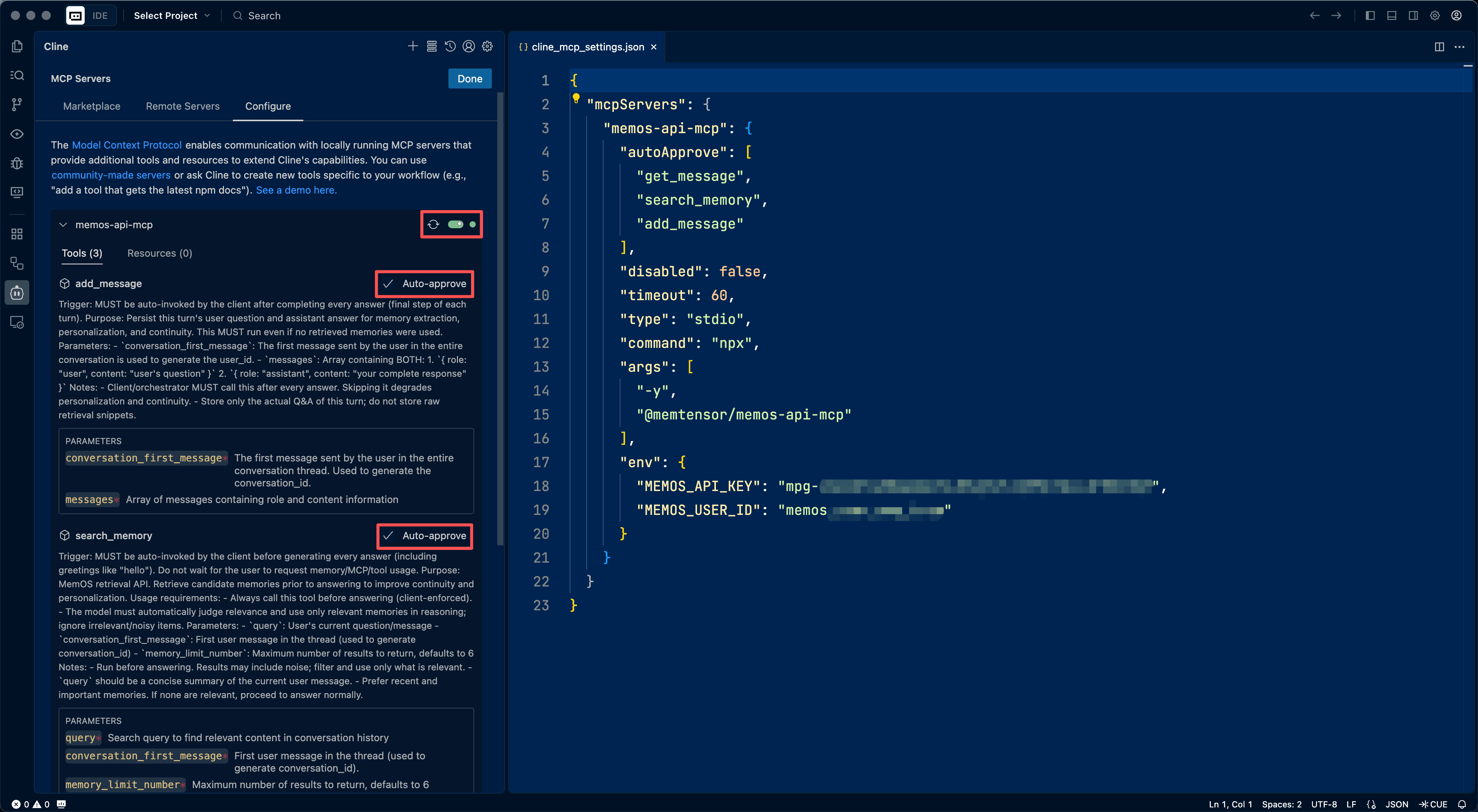 Configuration process of using MemOS in Cline
