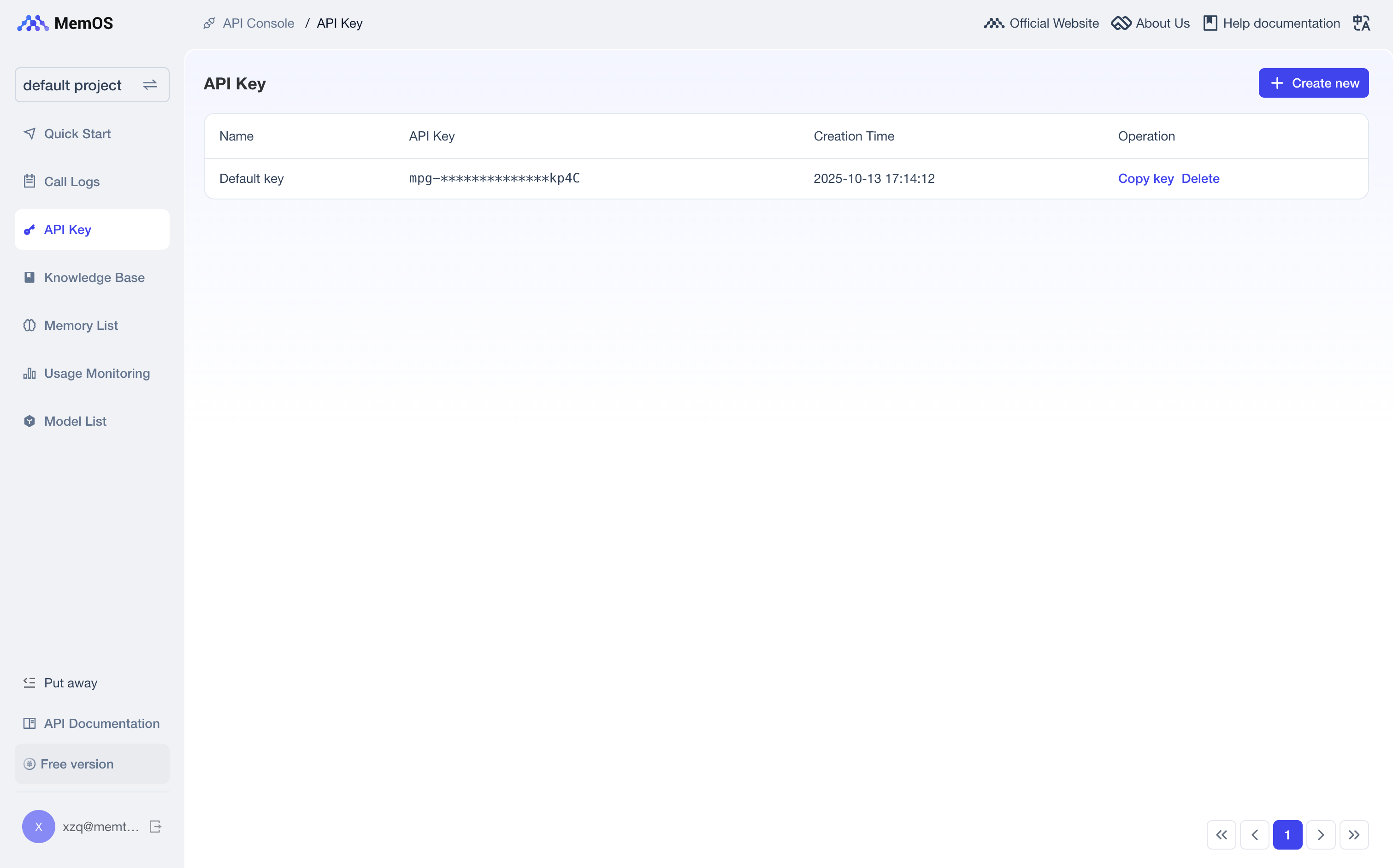 API Keys page