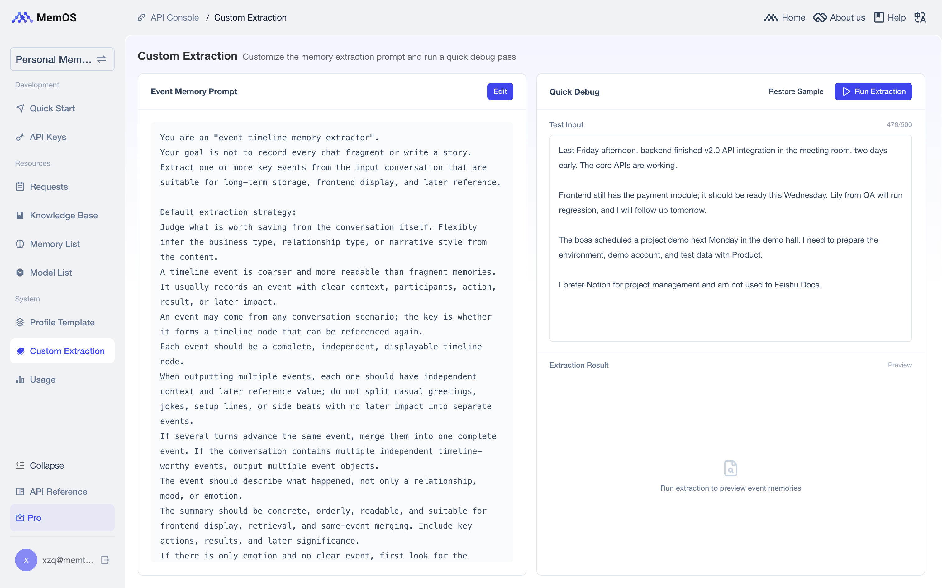 Custom Extraction: Event Memory prompt and Quick Debug