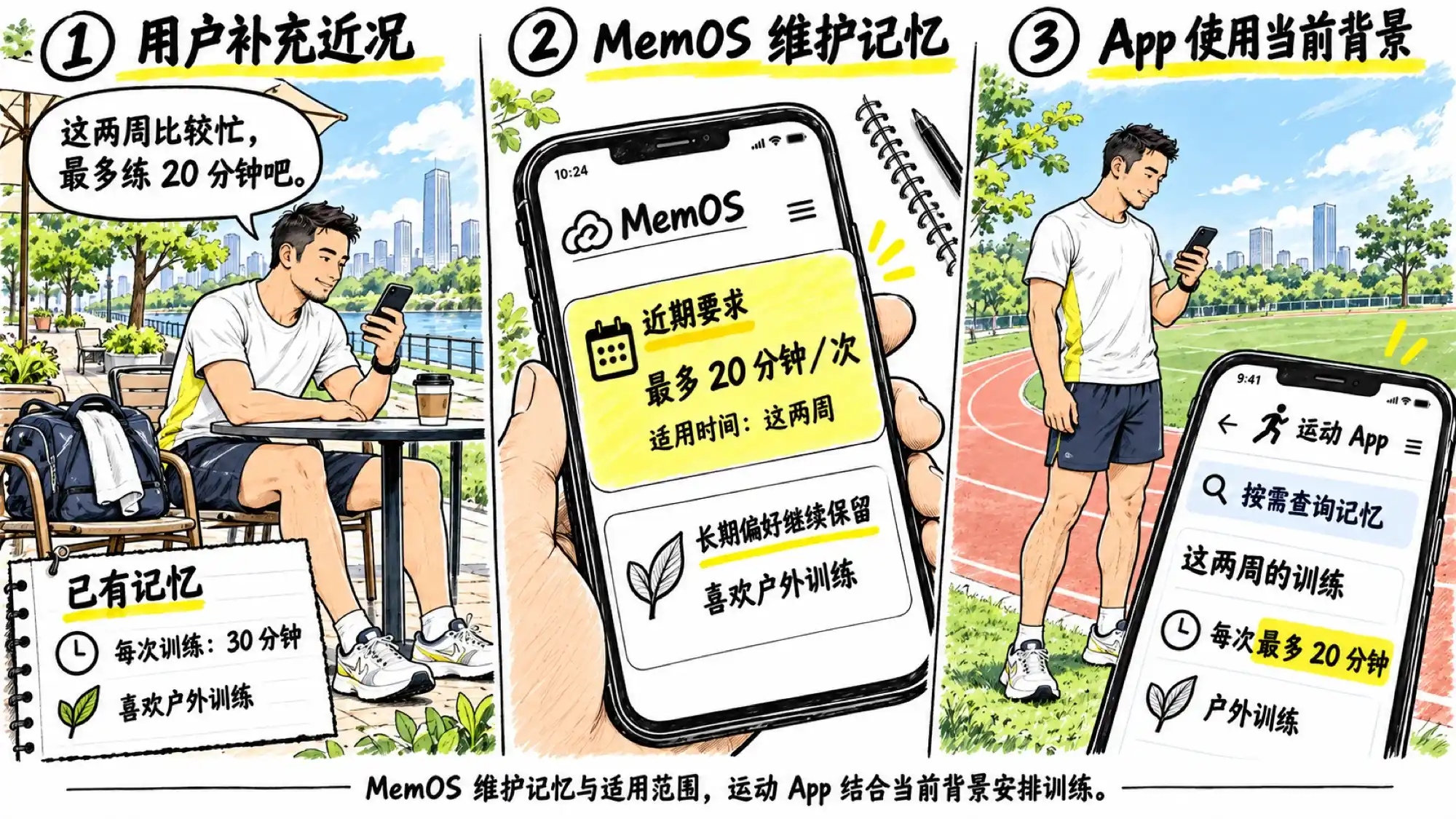 MemOS 维护记忆与适用范围，运动 App 结合当前背景安排训练
