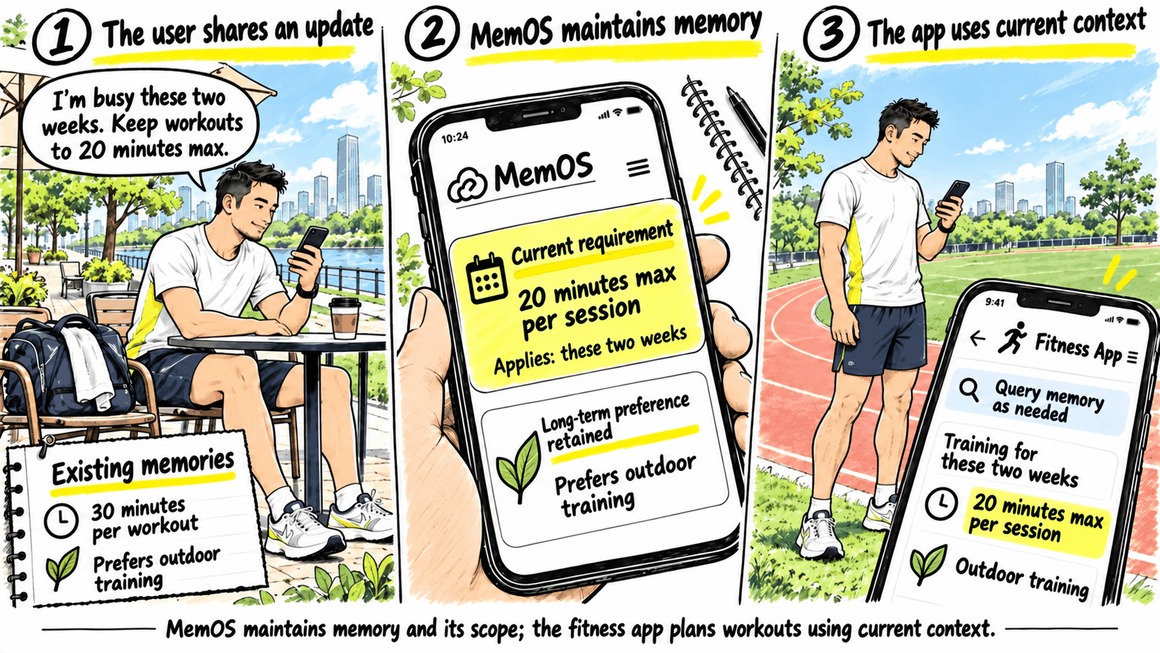 MemOS maintains memories and their scope while a fitness app uses current context to plan workouts